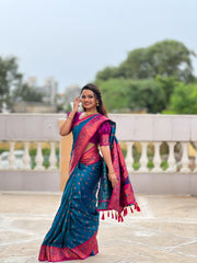 Beautiful Blue Silk Saree with Intricate Zari & Meenakari Work