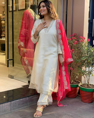 Elegant Off White Kurti – Timeless Embroidered Cotton Kurta Set for Women