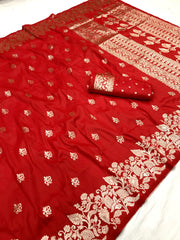 Radiant Red: Pure Banarasi Silk Saree with Zari Weaving