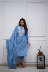 Sky Blue Kurti – Exquisite Embroidered Panel Cotton Kurta Set for a Timeless Ethnic Look