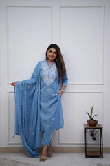 Sky Blue Kurti – Exquisite Embroidered Panel Cotton Kurta Set for a Timeless Ethnic Look