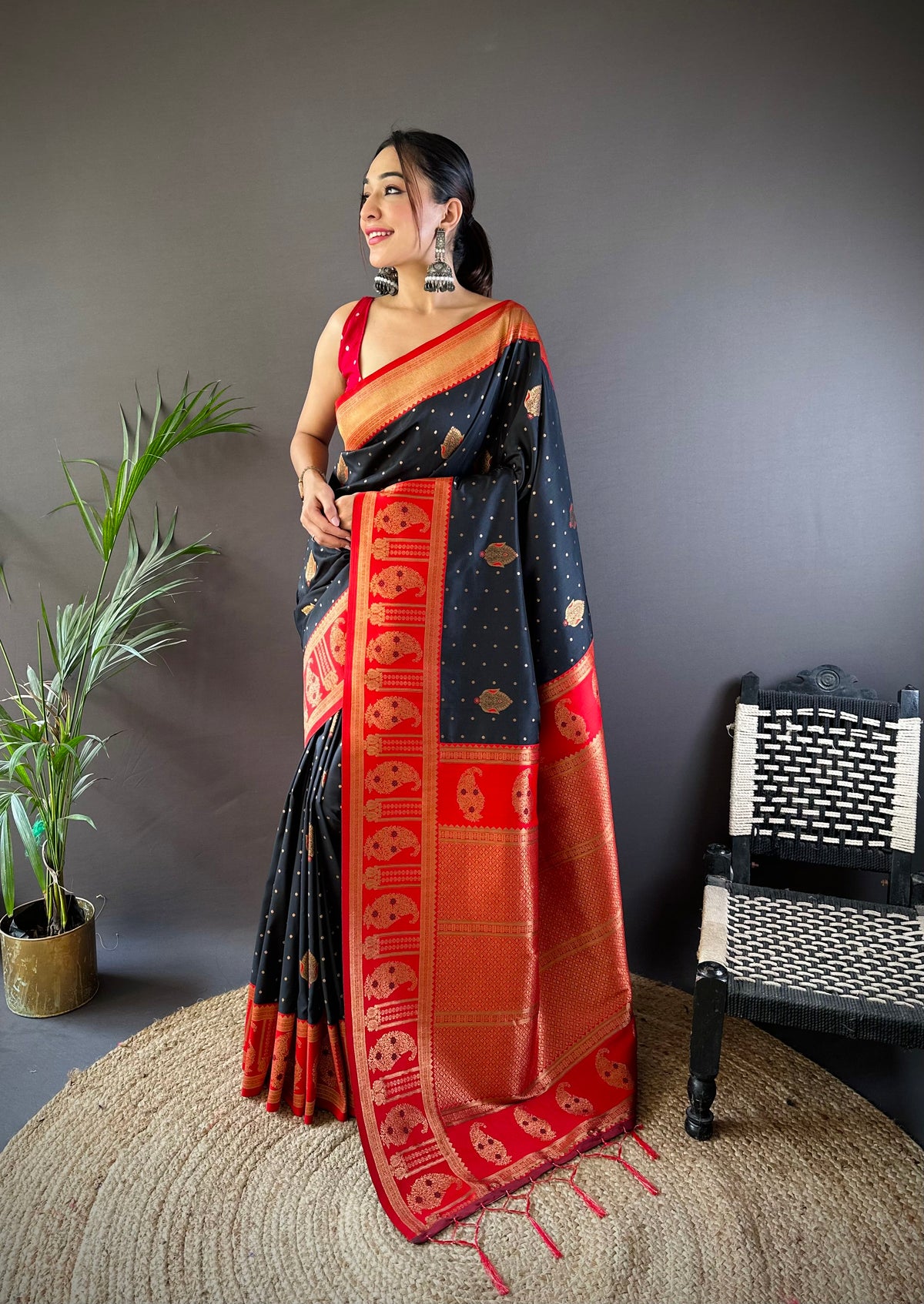 black silk saree with red border 