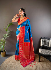 Elegant Blue Banarasi Saree with Red Border – Premium Silk Saree for Special Occasions