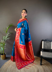 Elegant Blue Banarasi Saree with Red Border – Premium Silk Saree for Special Occasions