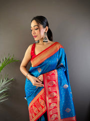 Elegant Blue Banarasi Saree with Red Border – Premium Silk Saree for Special Occasions