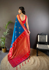 Elegant Blue Banarasi Saree with Red Border – Premium Silk Saree for Special Occasions