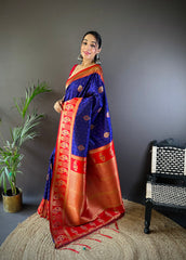 Elegant Royal Blue Banarasi Saree with Bold Red Border – Perfect for Weddings & Festive Occasions