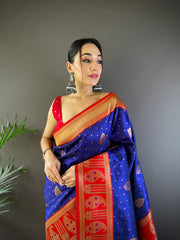 Elegant Royal Blue Banarasi Saree with Bold Red Border – Perfect for Weddings & Festive Occasions