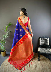 Elegant Royal Blue Banarasi Saree with Bold Red Border – Perfect for Weddings & Festive Occasions