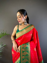 glame Red Banarasi Saree with Green Border |Traditional Elegance for Weddings