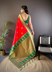 glame Red Banarasi Saree with Green Border |Traditional Elegance for Weddings