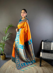 Traditional Orange Banarasi Saree with Blue Blouse – Elegant Silk Saree for Festive Wear