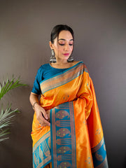 Traditional Orange Banarasi Saree with Blue Blouse – Elegant Silk Saree for Festive Wear