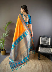 Traditional Orange Banarasi Saree with Blue Blouse – Elegant Silk Saree for Festive Wear