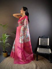 Light Pink Banarasi Saree With Flower Design  – A Dreamy Blend of Tradition & Grace