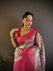 Light Pink Banarasi Saree With Flower Design  – A Dreamy Blend of Tradition & Grace