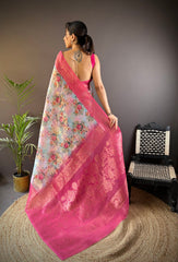 Light Pink Banarasi Saree With Flower Design  – A Dreamy Blend of Tradition & Grace