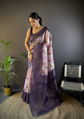 Elegant Purple and White Banarasi Saree with Exquisite Floral Patterns