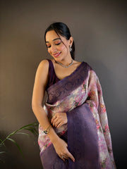 Elegant Purple and White Banarasi Saree with Exquisite Floral Patterns