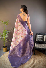 Elegant Purple and White Banarasi Saree with Exquisite Floral Patterns