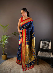 New Launch: Navy Blue Pure Kanchipuram Silk Saree With Red Blouse