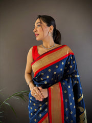 New Launch: Navy Blue Pure Kanchipuram Silk Saree With Red Blouse