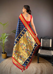 New Launch: Navy Blue Pure Kanchipuram Silk Saree With Red Blouse