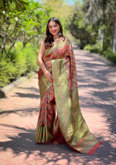 Elegantly Felicitous Orange Soft Banarasi Silk Saree – The Ideal Choice for Celebrations