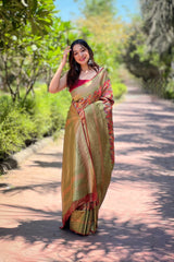 Elegantly Felicitous Orange Soft Banarasi Silk Saree – The Ideal Choice for Celebrations