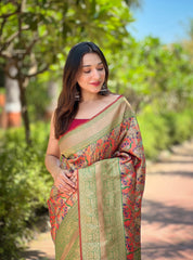 Elegantly Felicitous Orange Soft Banarasi Silk Saree – The Ideal Choice for Celebrations