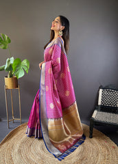 Elegant Pink Banarasi  Saree with Blue Border – Traditional Luxury at Its Best