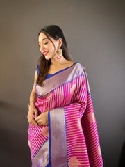 Elegant Pink Banarasi  Saree with Blue Border – Traditional Luxury at Its Best