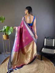 Elegant Pink Banarasi  Saree with Blue Border – Traditional Luxury at Its Best