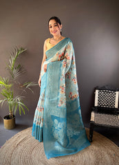 Light Blue Banarasi Saree with Floral Print | Ready to Celebrate in Style