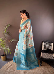 Light Blue Banarasi Saree with Floral Print | Ready to Celebrate in Style