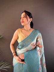 Light Blue Banarasi Saree with Floral Print | Ready to Celebrate in Style