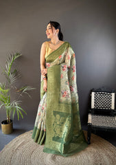 Mint Green & Off-White Floral Print Banarasi Saree | Shades of Pink and Green