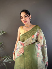 Mint Green & Off-White Floral Print Banarasi Saree | Shades of Pink and Green