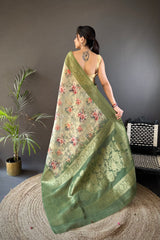 Mint Green & Off-White Floral Print Banarasi Saree | Shades of Pink and Green