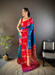 Elegant Blue Banarasi Saree With Red Blouse – Pure Silk