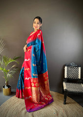 Elegant Blue Banarasi Saree With Red Blouse – Pure Silk