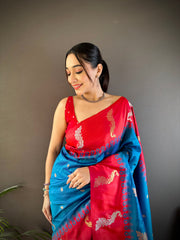 Elegant Blue Banarasi Saree With Red Blouse – Pure Silk