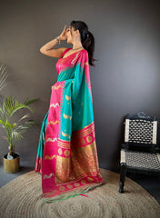 Beautiful teal Blue Banarasi Saree With Pink Blouse – Pure Silk