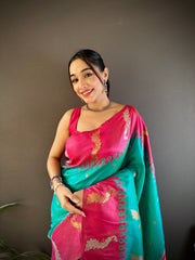 Beautiful teal Blue Banarasi Saree With Pink Blouse – Pure Silk