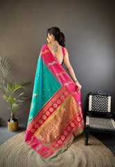 Beautiful teal Blue Banarasi Saree With Pink Blouse – Pure Silk