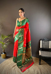 Beautiful Green Banarasi Saree With Red Border – Pure Silk