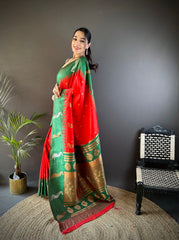 Beautiful Green Banarasi Saree With Red Border – Pure Silk