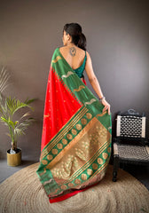 Beautiful Green Banarasi Saree With Red Border – Pure Silk