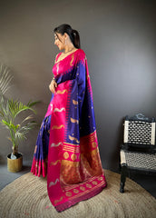 Royal Blue Banarasi Saree With Pink Blouse – Pure Silk