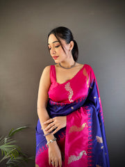 Royal Blue Banarasi Saree With Pink Blouse – Pure Silk